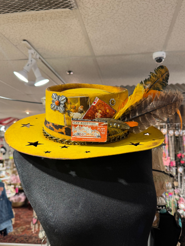 NEW ART BY AMY LABBE women\'s cut out fedora hat in yellow star Original, one of a kind, hand-made art and vintage jewelry  main image 2