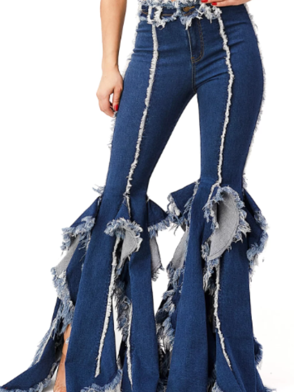 Medium Wash Ruffle Denim Bell Bottom Pant by Purple Candy – Denims Medium Wash Ruffle Denim Bell Bottom Pant by Purple Candy – Denims