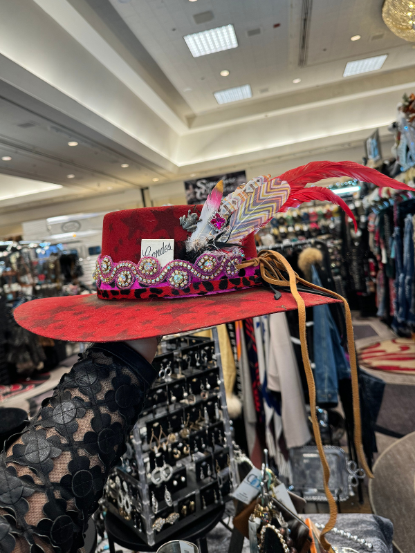 NEW ART BY AMY LABBE women\'s cheetah fedora hat in red with pink Art By Amy Labbe Women main image 2