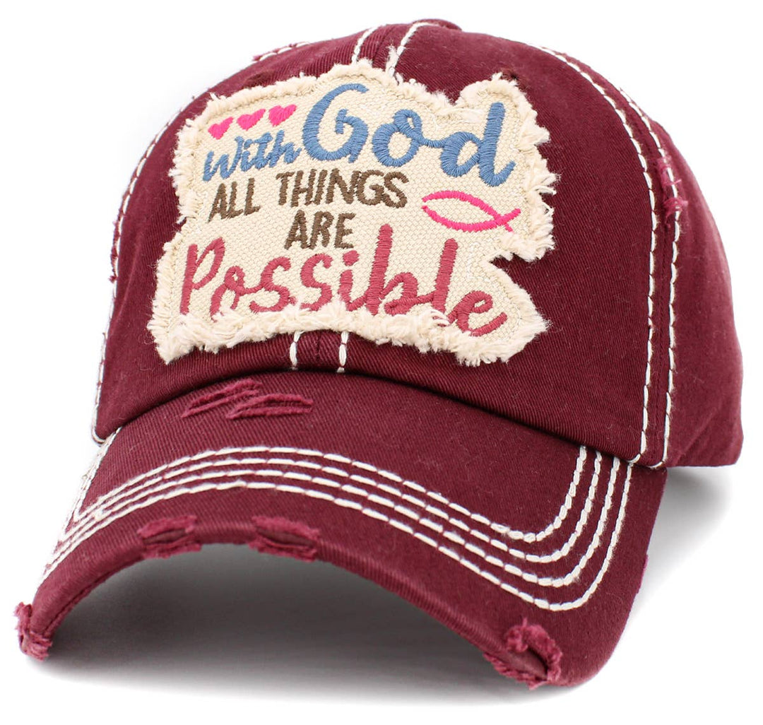 With God All Things Are Possible Vintage Baseball Cap Wine Red