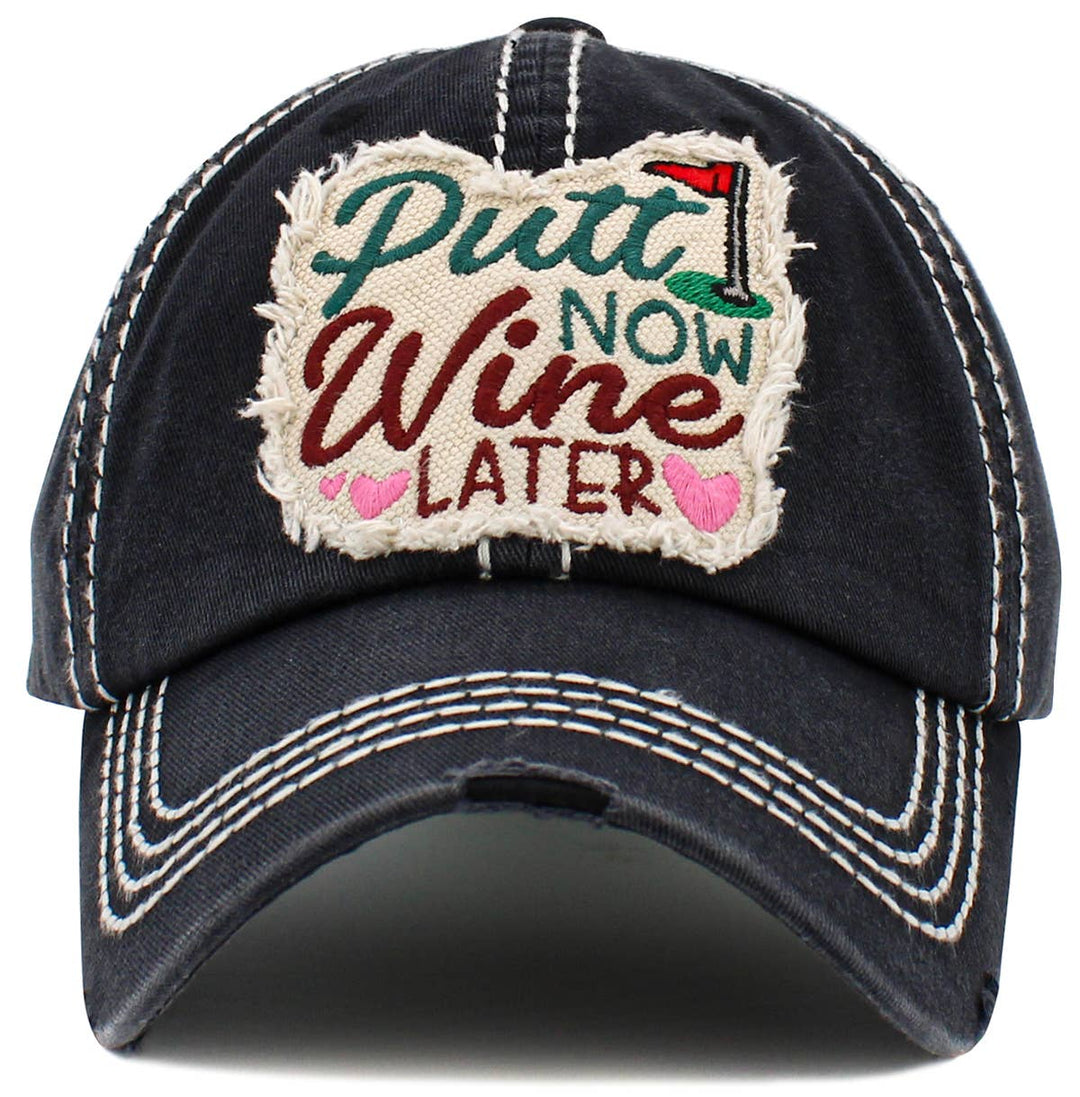 Putt Now Wine Later Washed Vintage Baseball Cap Black