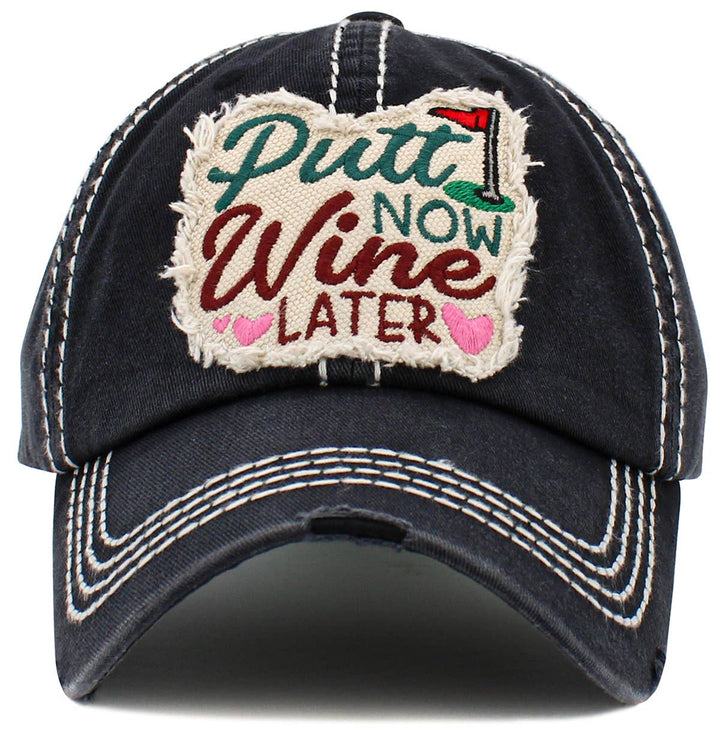 Putt Now Wine Later Washed Vintage Baseball Cap Black