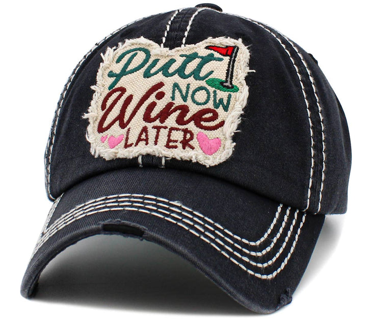 Putt Now Wine Later Washed Vintage Baseball Cap Black