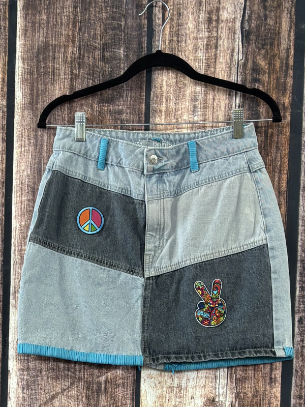 Peace Blue Skirt With Leather Whipstitching by Diane Grambo Leather Works
