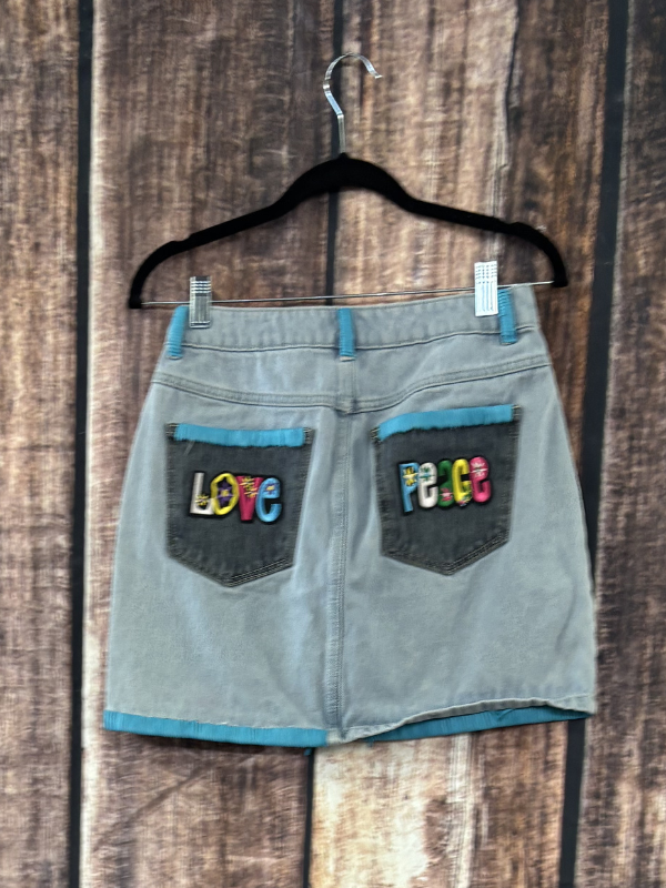 Peace Blue Skirt With Leather Whipstitching by Diane Grambo Leather Works