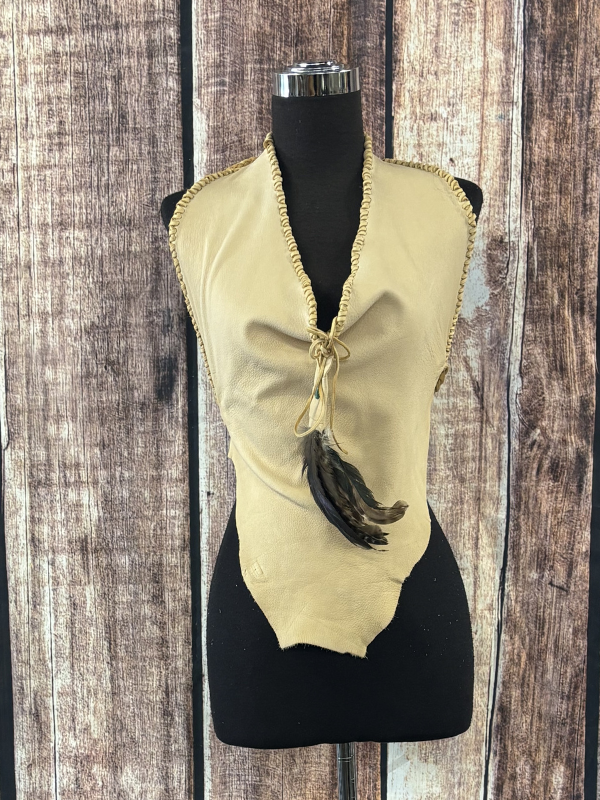 Light Beige Deer Skin Halter with Feathers & Turquoise Vest by Diane Grambo Leather Works