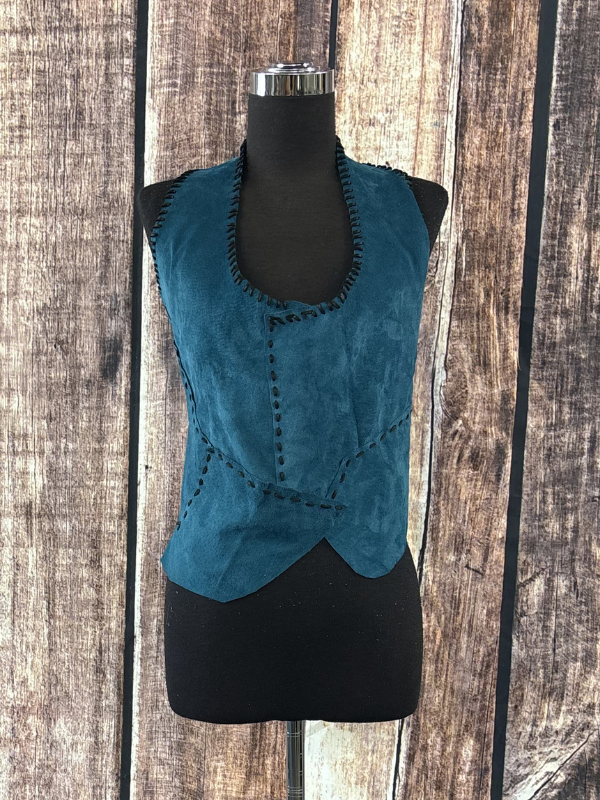 Turquoise Suede & Black Stitching Vest by Diane Grambo Leather Works
