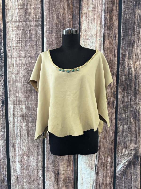Beige Concho Deer Skin Top with Turquoise Accents by Diane Grambo Leather Works