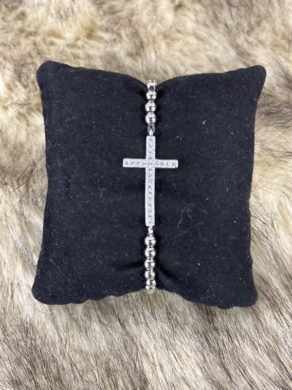 Silver Cross with Stones Stretch Bracelet