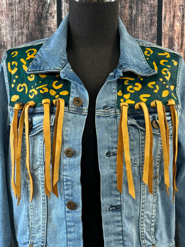 Light Denim With Green & Yellow Paint Leather By Cornfed Cowgirl