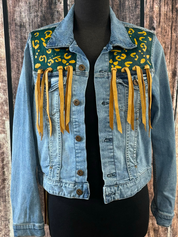 Light Denim With Green & Yellow Paint Leather By Cornfed Cowgirl