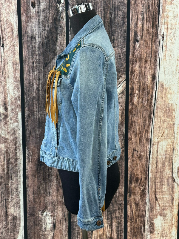 Light Denim With Green & Yellow Paint Leather By Cornfed Cowgirl