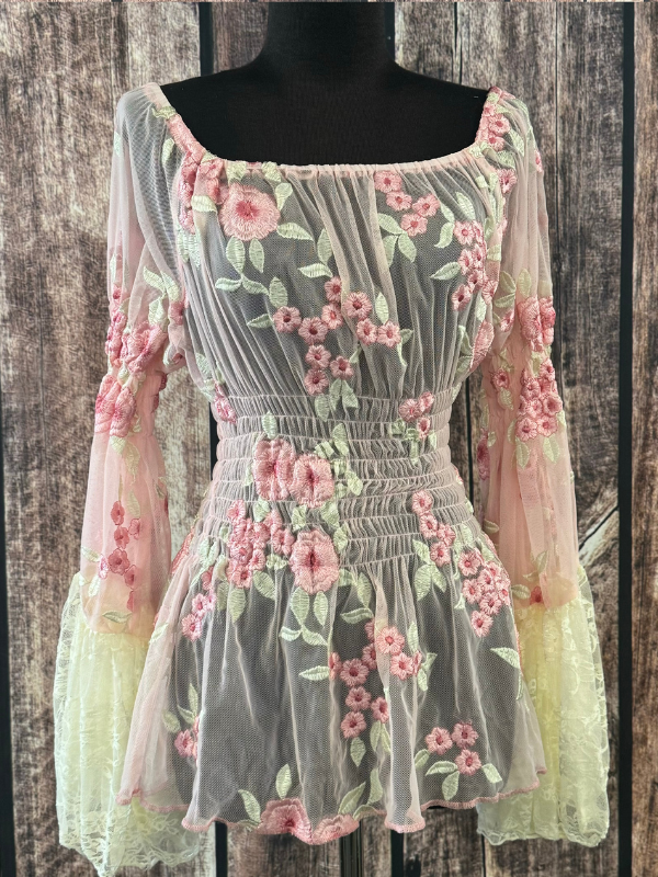 Pink Flowers With Cream Lace Top by Marrika Nakk