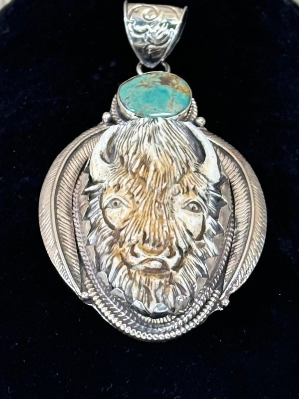 White Brass Water Buffalo & Turquoise Necklace Pendant