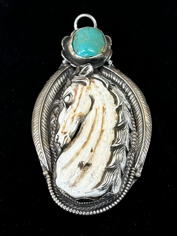 White Brass Horse Turquoise Necklace Pendant