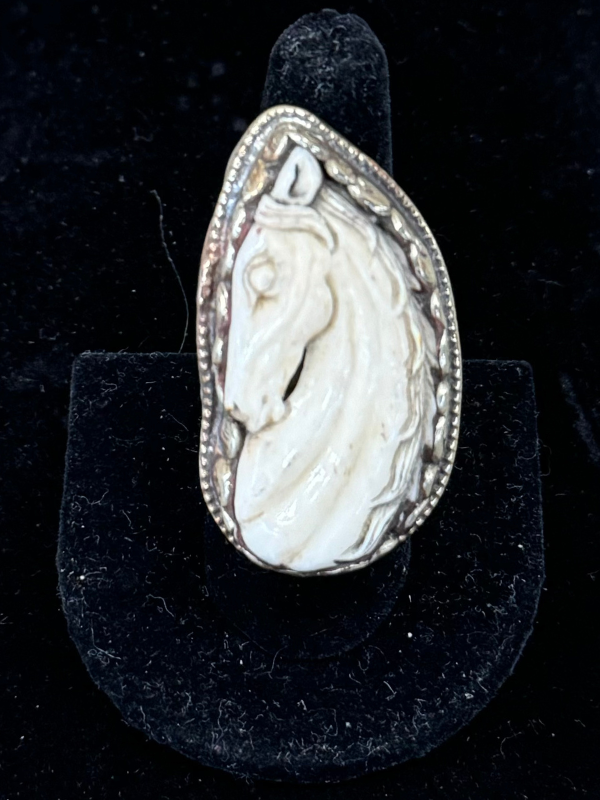 White Brass Water Buffalo Carved Horse Ring