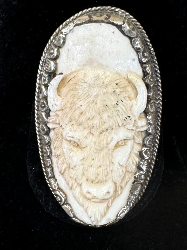 White Brass Water Buffalo Bone Carved Bison Ring