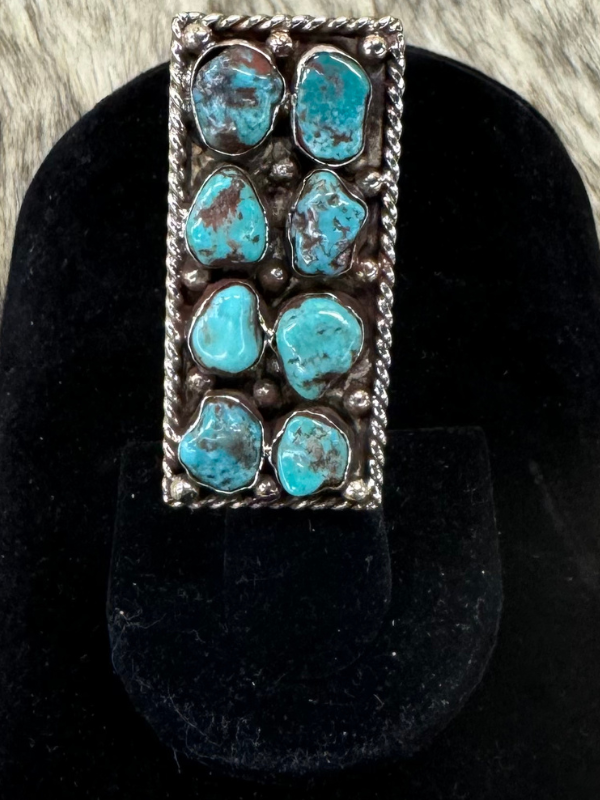 White Brass Kingman Turquoise Rectangle Ring With 8 Stones Lighter