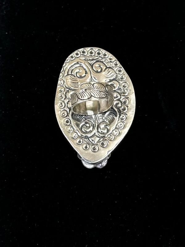 White Brass Kingman Turquoise With Carved Water Buffalo Horse Ring