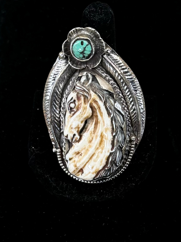 White Brass Kingman Turquoise With Carved Water Buffalo Horse Ring