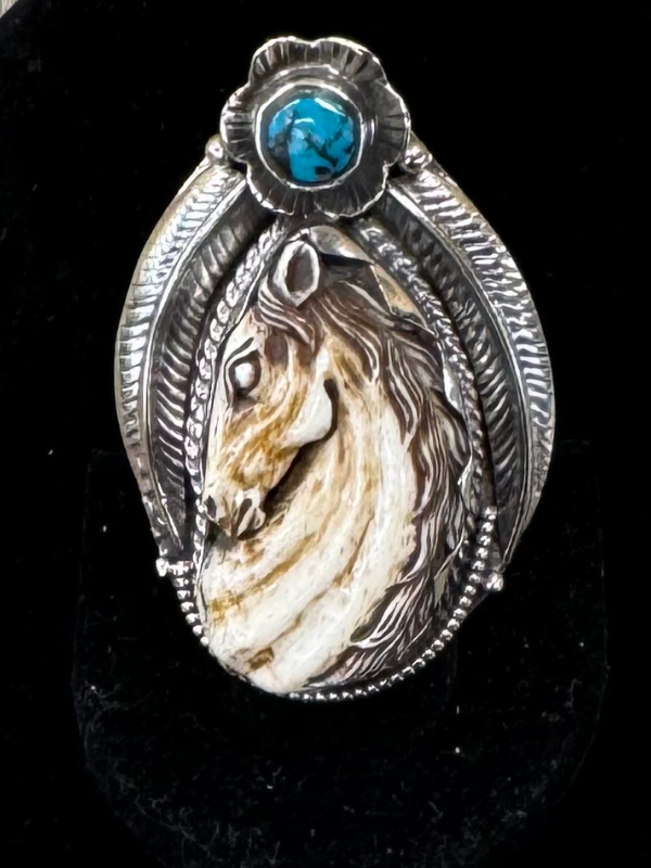 White Brass Kingman Turquoise With Carved Water Buffalo Bone Horse Ring Darker Blue