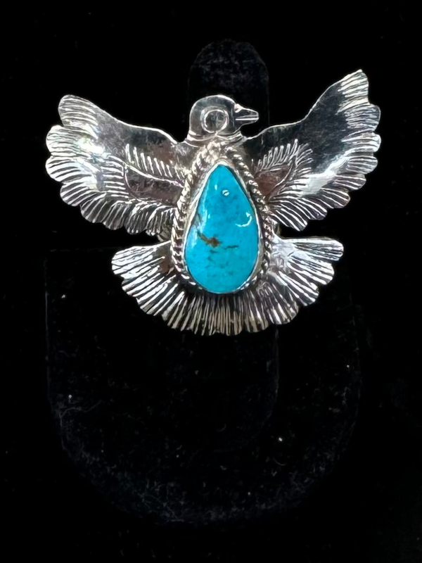 White Brass Kingman Turquoise Phoenix With Teardrop Shaped Turquoise Ring