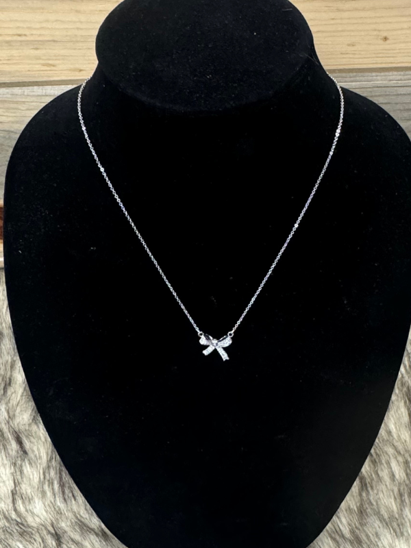 Silver Small Bow With Stones Necklace