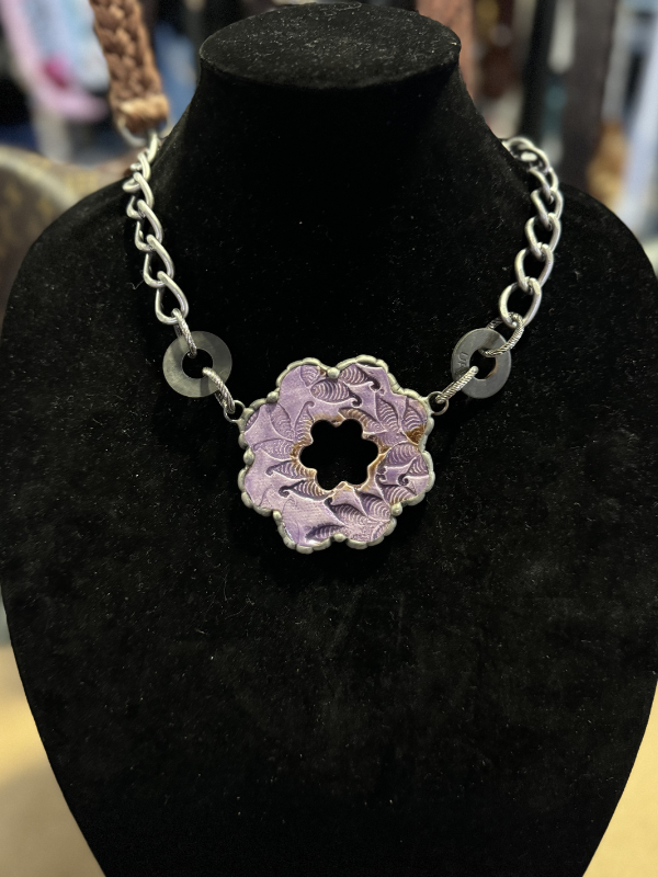 Purple Printed Flower By Art By Amy Necklace