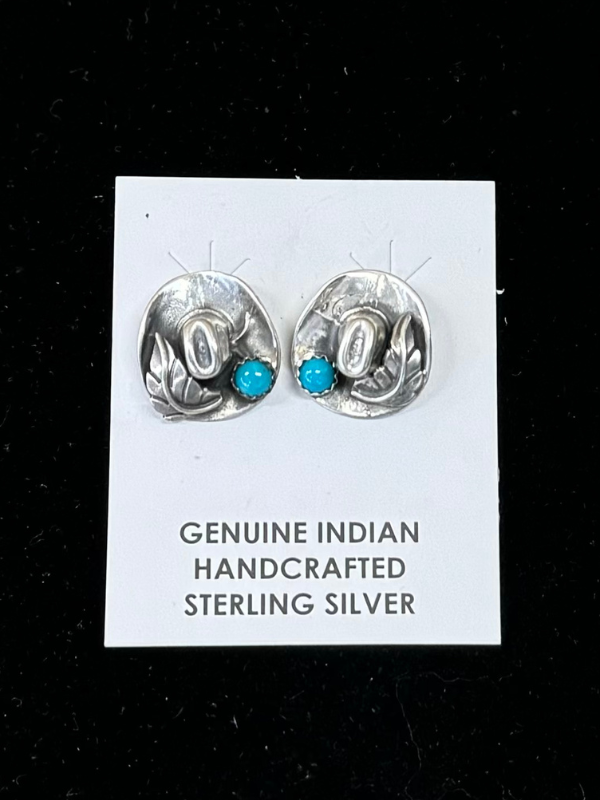 Cowboy Hat With Turquoise Stone And Leaf Detail Sterling Silver Earrings