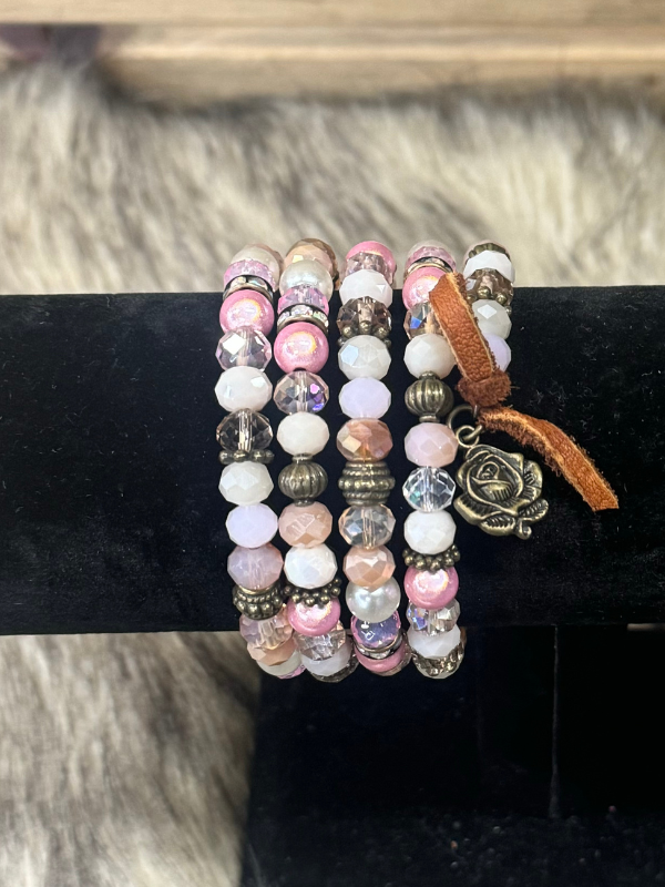 Pink, Bronze, and White Rose & Cross Wrap Bracelet