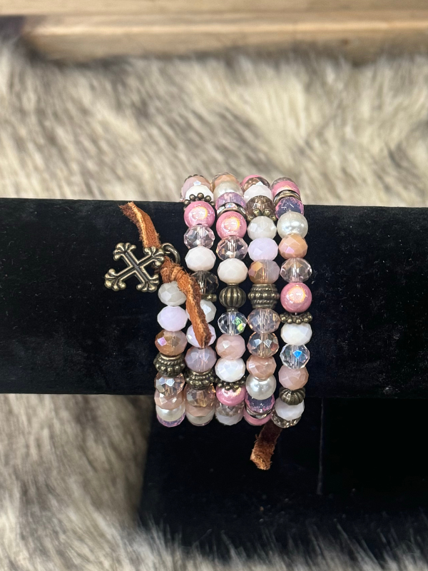 Pink, Bronze, and White Rose & Cross Wrap Bracelet