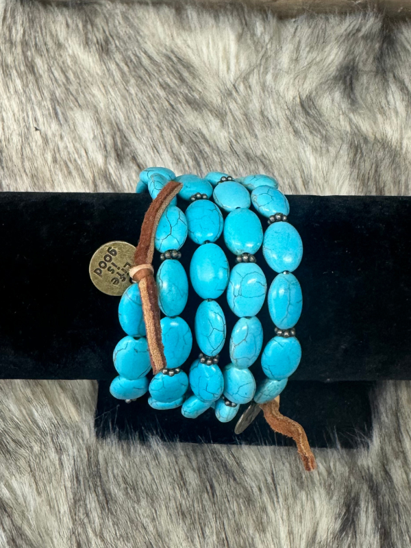 Turquoise Stones Life Is Good & Cross Detail Wrap Bracelet