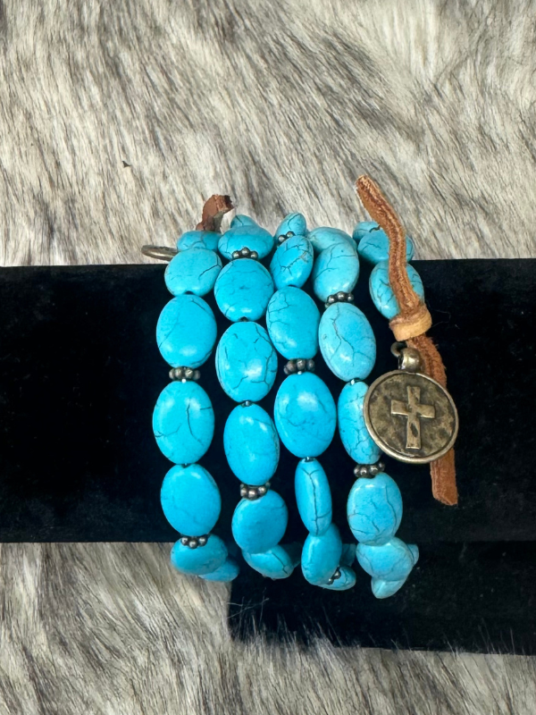 Turquoise Stones Life Is Good & Cross Detail Wrap Bracelet