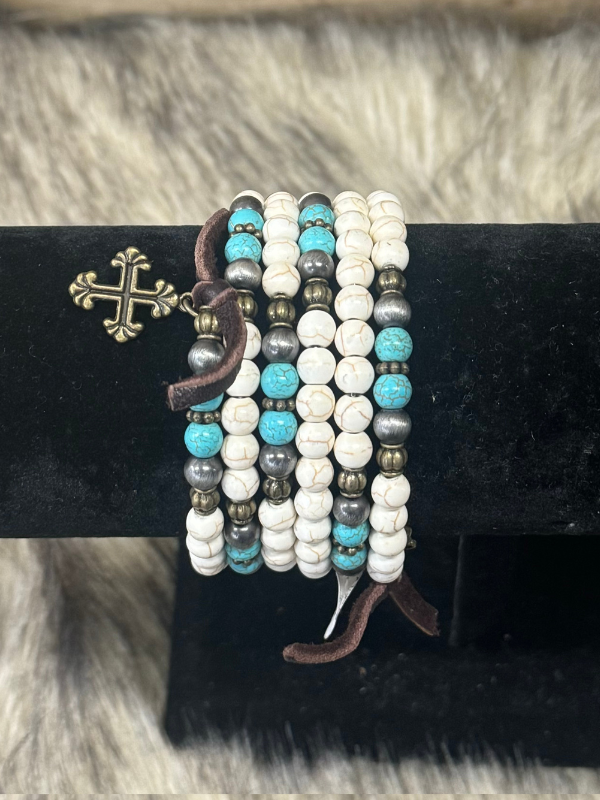 White, Turquoise, Silver, Wrap Cross Bracelet