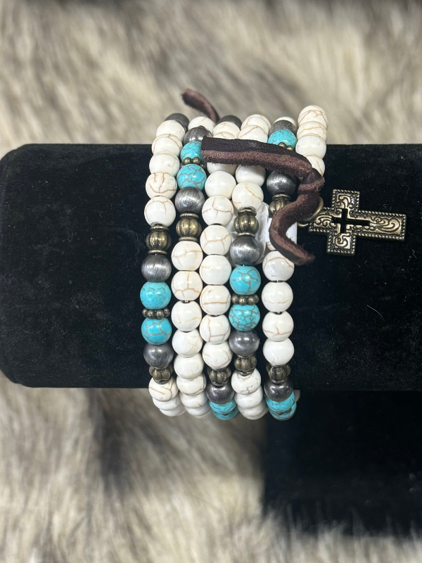 White, Turquoise, Silver, Wrap Cross Bracelet