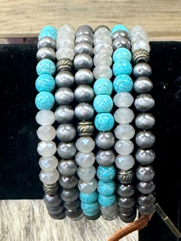 Turquoise, Clear, Silver Beaded Wrap Bracelet