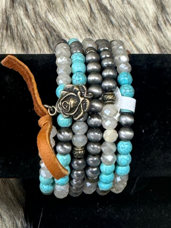 Turquoise, Clear, Silver Beaded Wrap Bracelet