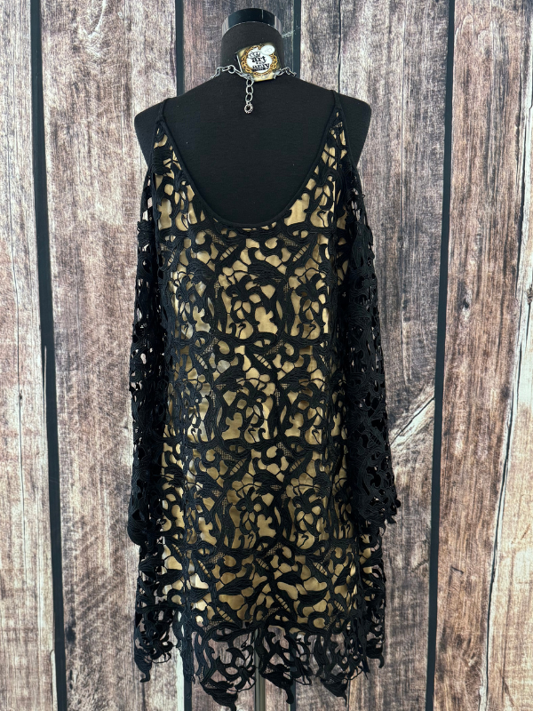 Cold Shoulder Black Lace Detail With Butter Scotch Shell Dress