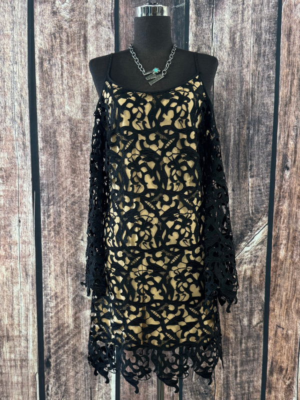 Cold Shoulder Black Lace Detail With Butter Scotch Shell Dress