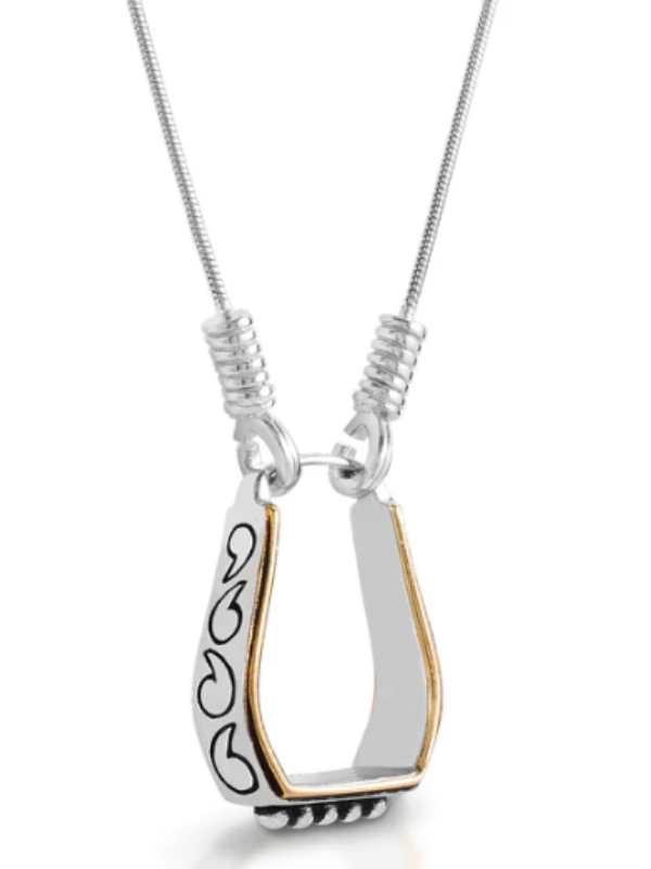 Kelly Herd Two Tone Engraved Western Stirrup Necklace - Sterling Silver