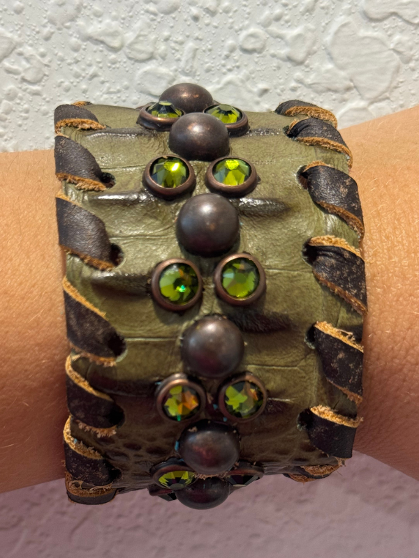 Green Croc With Green Stones Bracelet by Kurtmen