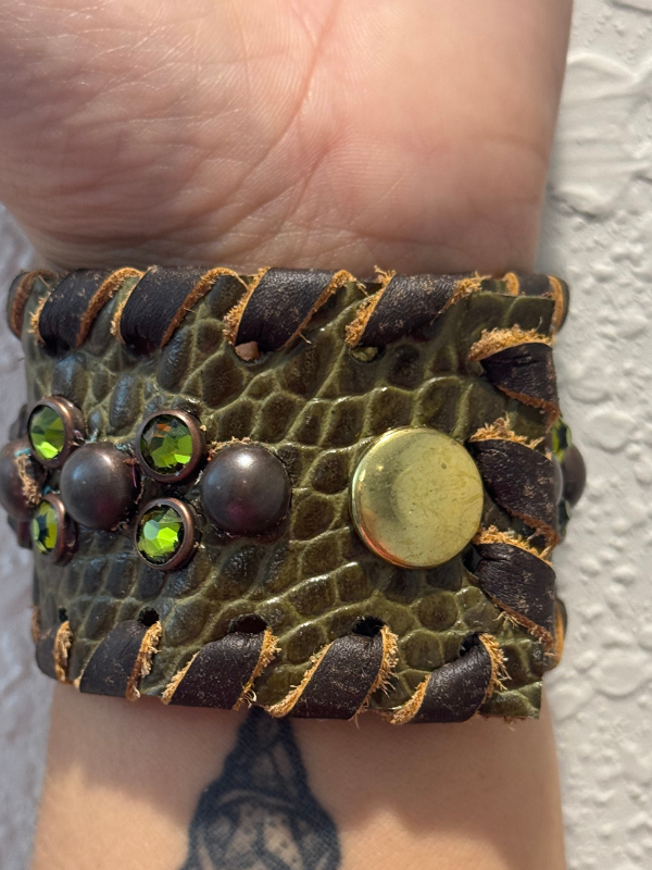 Green Croc With Green Stones Bracelet by Kurtmen