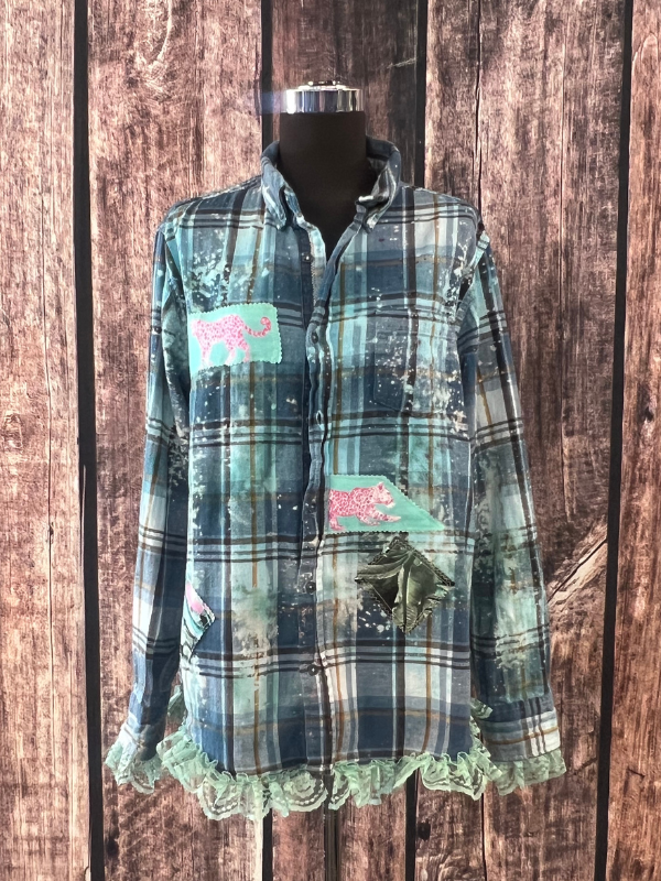 Pink & Light Blue Jaguar Plaid Printed Flannel Top Cornfed Cowgirl