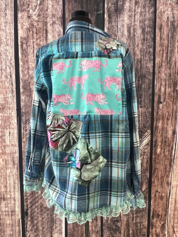 Pink & Light Blue Jaguar Plaid Printed Flannel Top Cornfed Cowgirl