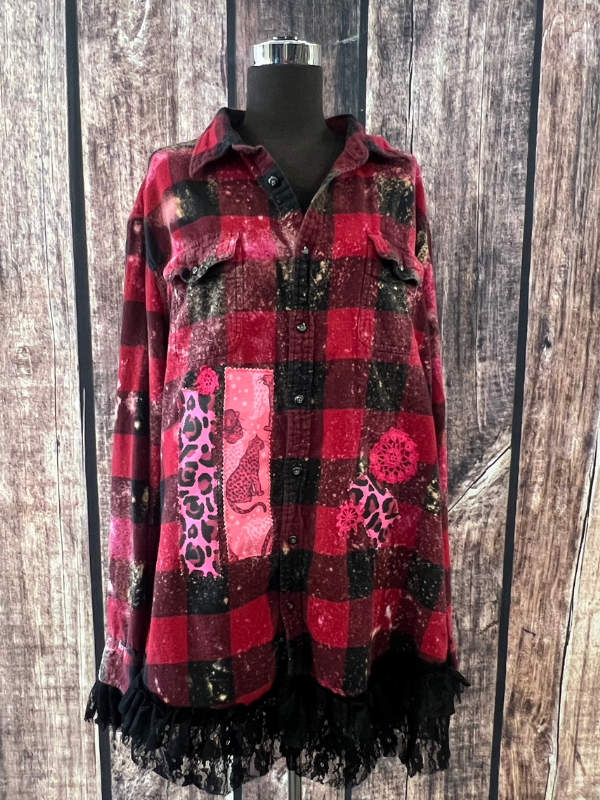 Red & Hot Pink Cheetah Printed Flannel Top Cornfed Cowgirl