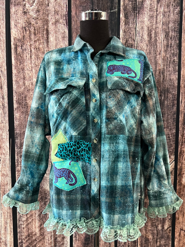 Teal & Turquoise Cheetah Printed Flannel Top Cornfed Cowgirl