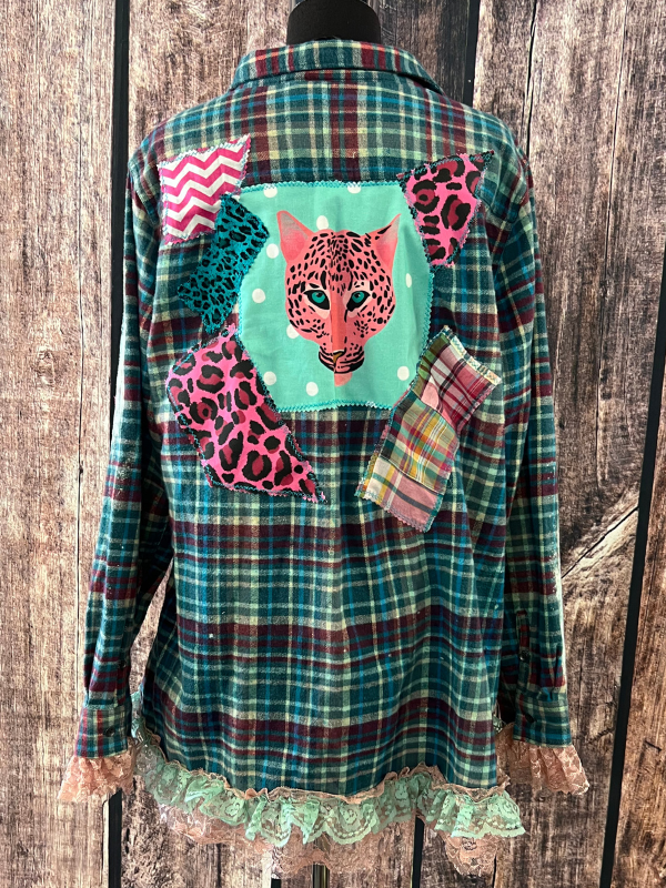 Pink & Turquoise Cheetah Printed Face Ruffled Flannel Top Cornfed Cowgirl