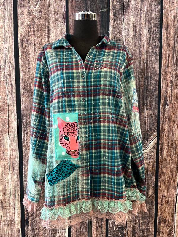 Pink & Turquoise Cheetah Printed Face Ruffled Flannel Top Cornfed Cowgirl