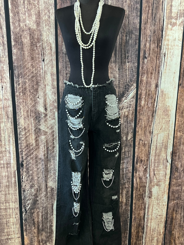 Black Denim & Pearl Ripped Jeans By SALT "Black"