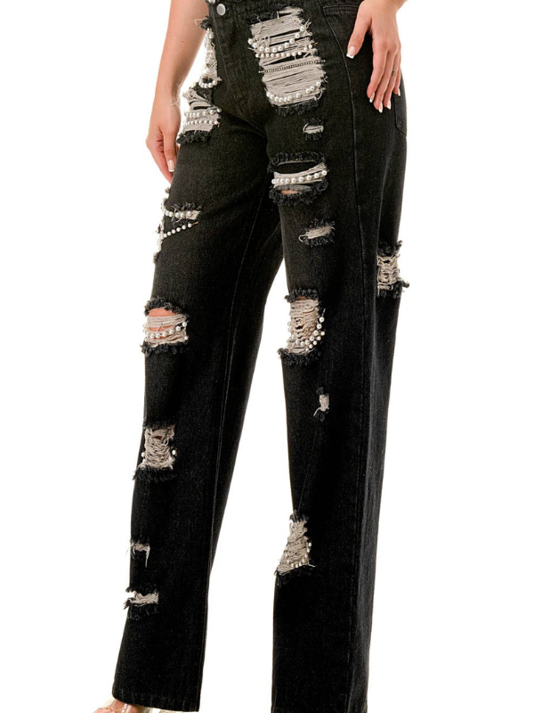 Black Denim & Pearl Ripped Jeans By SALT "Black"